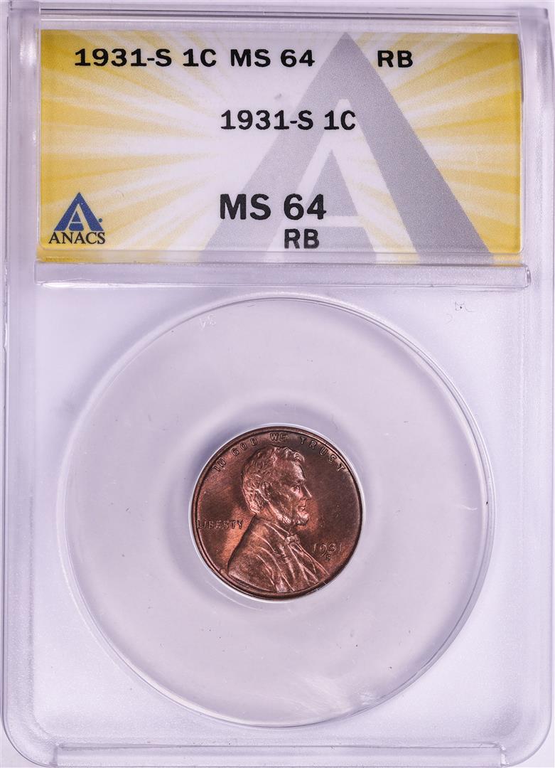 1931-S Lincoln Wheat Cent Coin ANACS MS64 RB: One 1931-S Lincoln Wheat Cent Coin ANACS MS64 RB. ANACS Certified.
