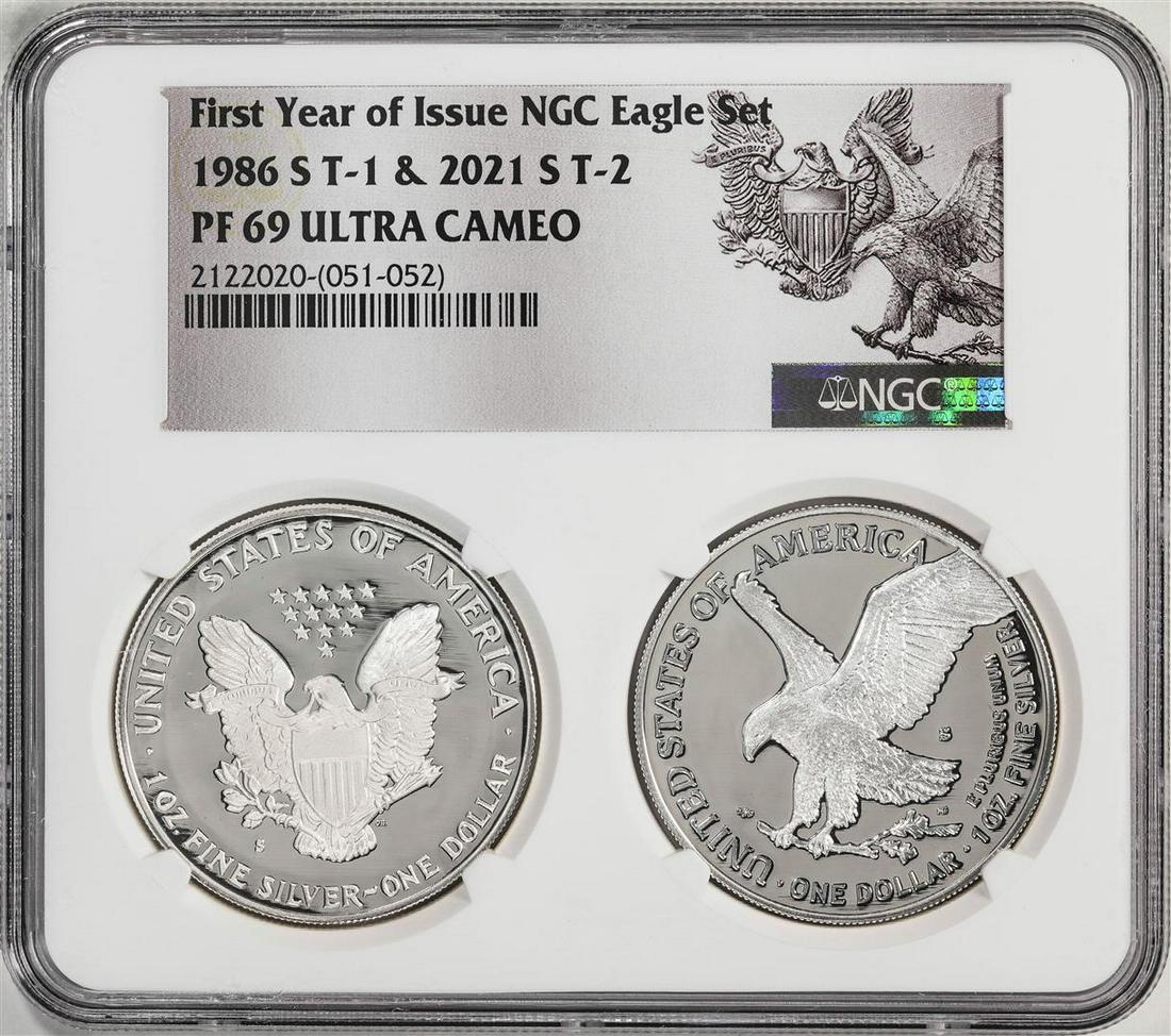 1986-S & 2021-S First Year of Issue $1 Proof Silver Eagle Coin Set NGC PF69 Ultra Cameo: One 1986-S & 2021-S First Year of Issue $1 Proof Silver Eagle Coin Set NGC PF69 Ultra Cameo. NGC Certified.