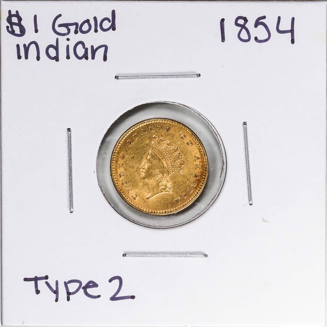 1854 Type 2 $1 Indian Princess Head Gold Dollar Coin: One 1854 Type 2 $1 Indian Princess Head Gold Dollar Coin.