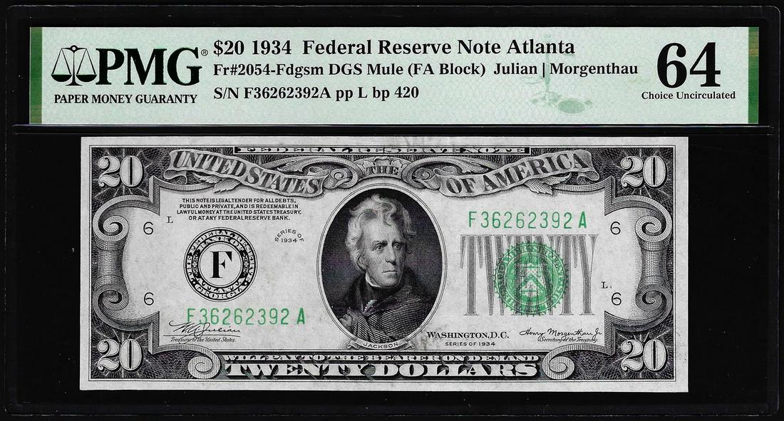 1934 $20 Federal Reserve Note Atlanta Fr.2054-Fdgsm Mule PMG Choice Uncirculated 64: One 1934 $20 Federal Reserve Note Atlanta Fr.2054-Fdgsm Mule PMG Choice Uncirculated 64. PMG Certified.