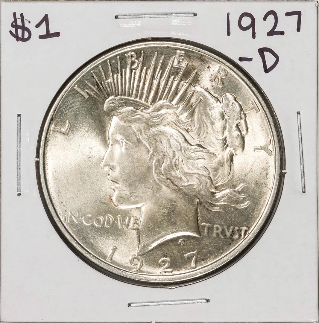 1927-D $1 Peace Silver Dollar Coin: One 1927-D $1 Peace Silver Dollar Coin.