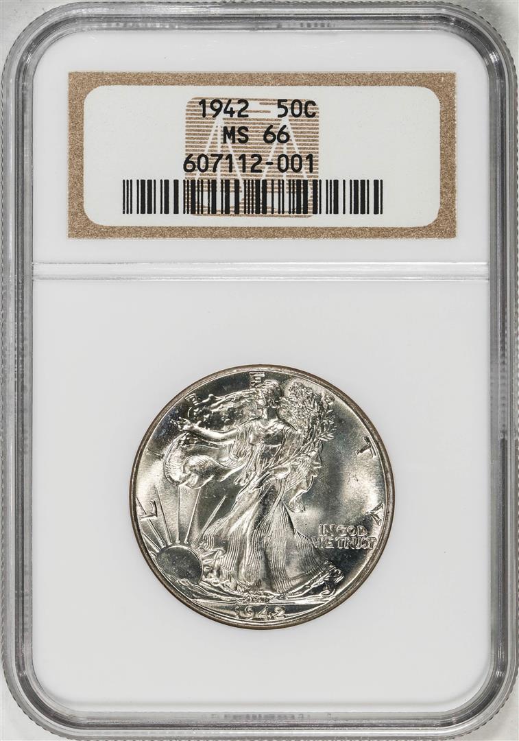1942 Walking Liberty Half Dollar Coin NGC MS66: One 1942 Walking Liberty Half Dollar Coin NGC MS66. NGC Certified.