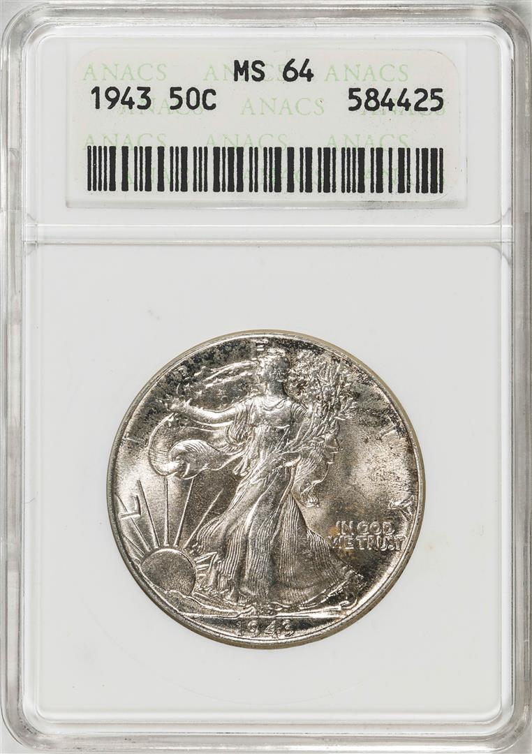 1943 Walking Liberty Half Dollar Coin ANACS MS64 Old Soap Box Holder: One 1943 Walking Liberty Half Dollar Coin ANACS MS64 Old Soap Box Holder. ANACS Certified.