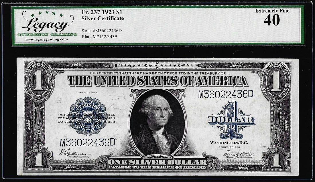 1923 $1 Silver Certificate Note Fr.237 Legacy Extremely Fine 40: One 1923 $1 Silver Certificate Note Fr.237 Legacy Extremely Fine 40. Legacy Graded.
