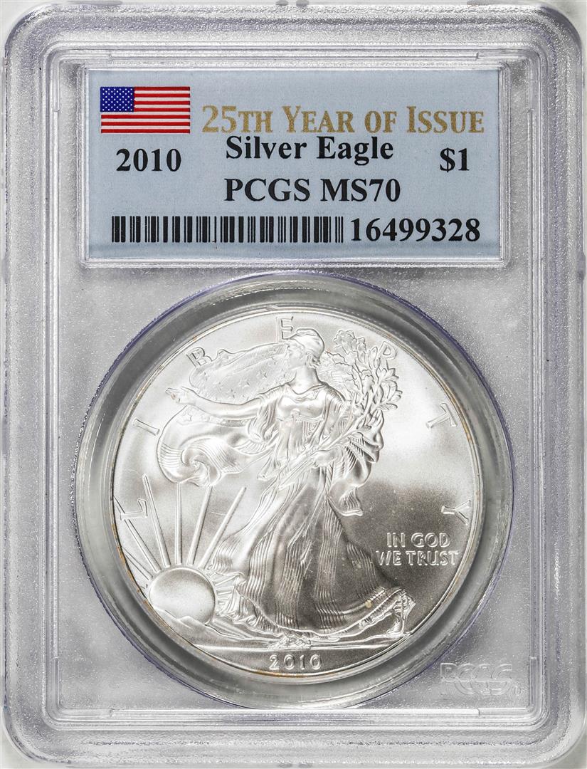 2010 $1 American Silver Eagle Coin PCGS MS70 25th Year of Issue: One 2010 $1 American Silver Eagle Coin PCGS MS70 25th Year of Issue. PCGS Graded.