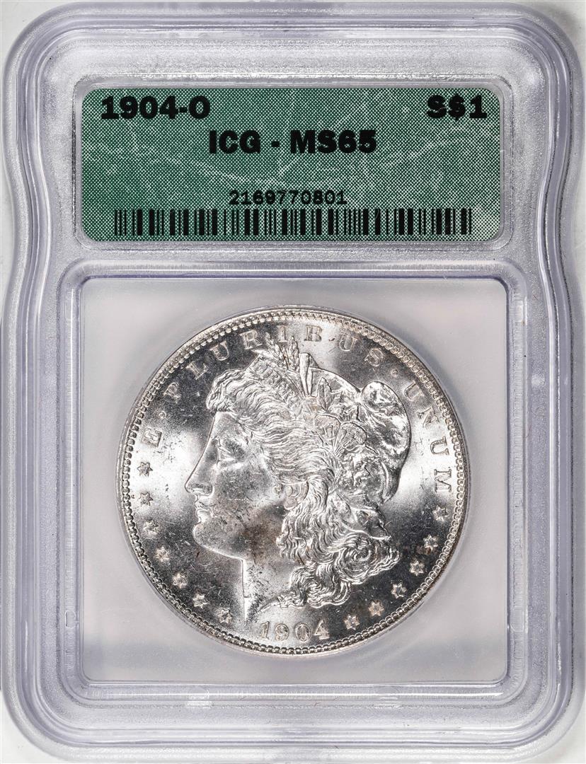 1904-O $1 Morgan Silver Dollar Coin ICG MS65: One 1904-O $1 Morgan Silver Dollar Coin ICG MS65. ICG Certified.
