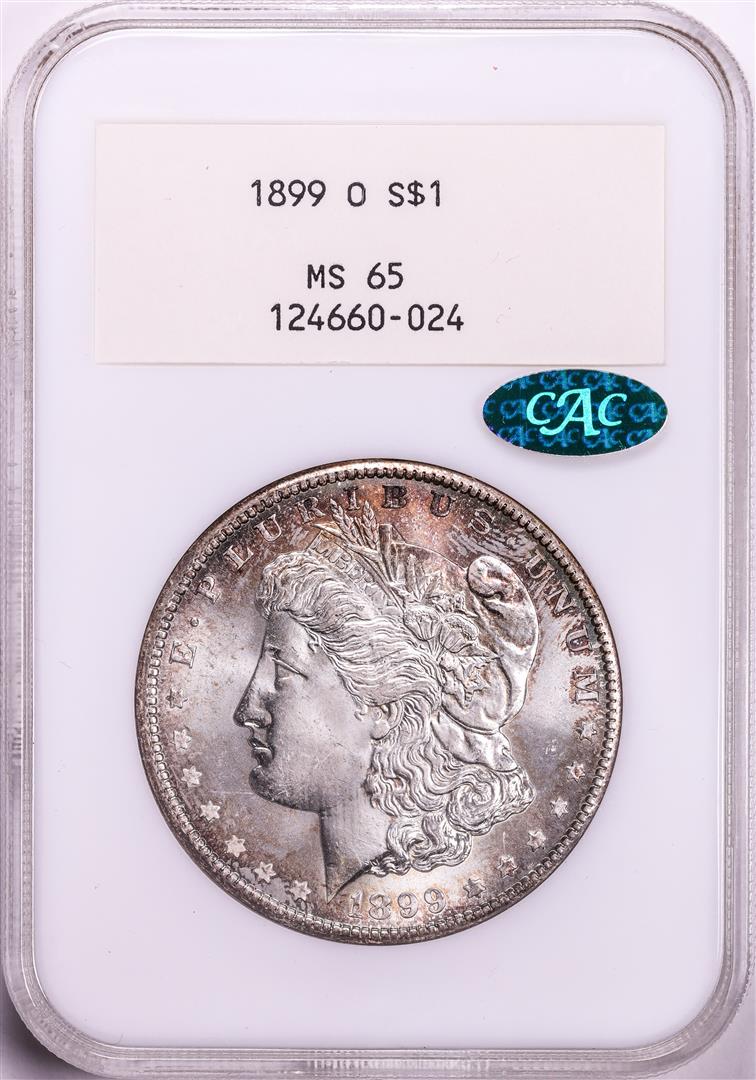 1899-O $1 Morgan Silver Dollar Coin NGC MS65 CAC Old Gen 2.1 Fatty Holder: One 1899-O $1 Morgan Silver Dollar Coin NGC MS65 CAC Old Gen 2.1 Fatty Holder. NGC Certified.