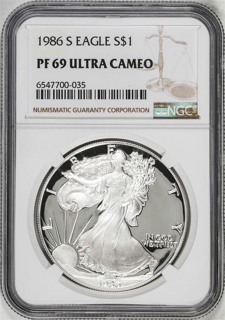 1986-S $1 Proof American Silver Eagle Coin NGC PF69 Ultra Cameo: One 1986-S $1 Proof American Silver Eagle Coin NGC PF69 Ultra Cameo. NGC Certified.