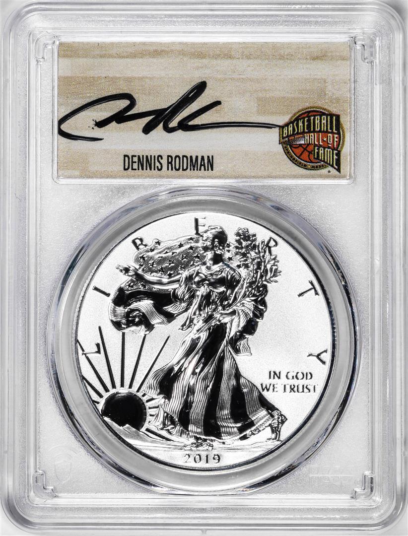 2019-W $1 Reverse Proof Silver Eagle Coin PCGS PR70 HOF Dennis Rodman Signature: One 2019-W $1 Reverse Proof Silver Eagle Coin PCGS PR70 HOF Dennis Rodman Signature. PCGS Graded.