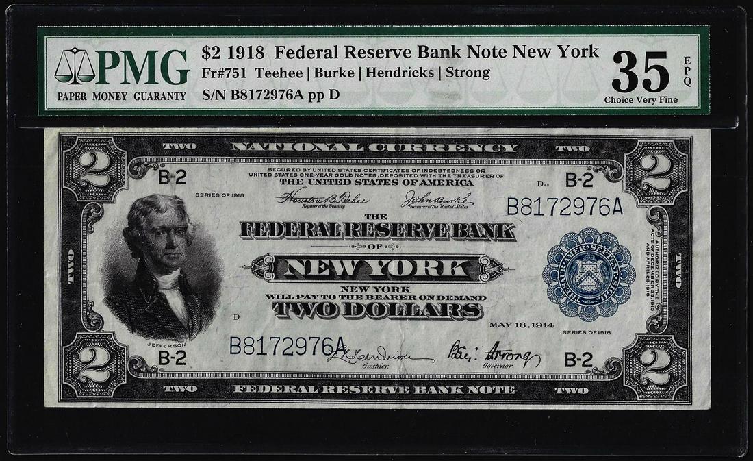 1918 $2 Battleship Federal Reserve Bank Note New York Fr.751 PMG Ch. Very Fine 35EPQ: One 1918 $2 Battleship Federal Reserve Bank Note New York Fr.751 PMG Ch. Very Fine 35EPQ. PMG Certified.