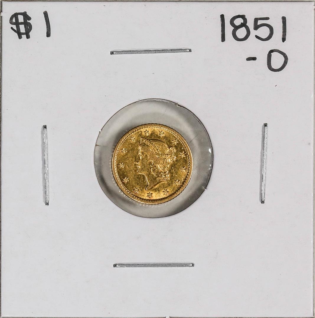 1851-O $1 Type 1 Liberty Head Gold Dollar Coin: One 1851-O $1 Type 1 Liberty Head Gold Dollar Coin.