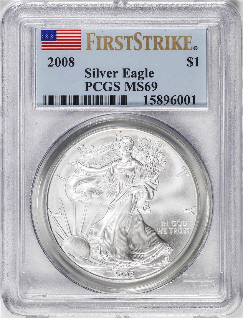 2008 $1 American Silver Eagle Coin PCGS MS69 First Strike: One 2008 $1 American Silver Eagle Coin PCGS MS69 First Strike. PCGS Graded.
