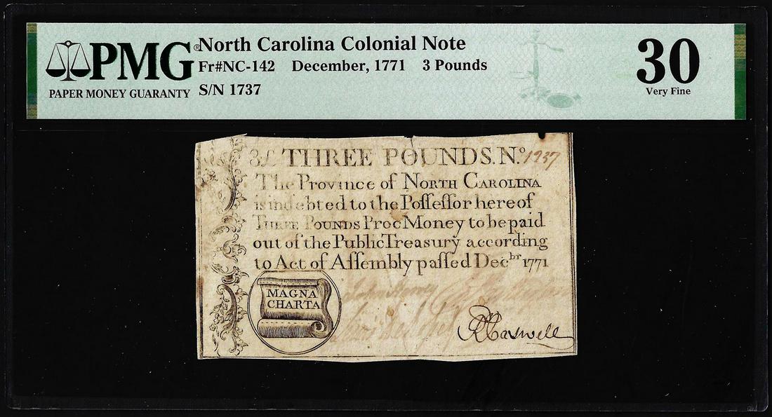 1771 North Carolina 3 Pounds Colonial Note NC-142 PMG Very Fine 30 Magna Charta: One 1771 North Carolina 3 Pounds Colonial Note NC-142 PMG Very Fine 30 Magna Charta. PMG Certified.