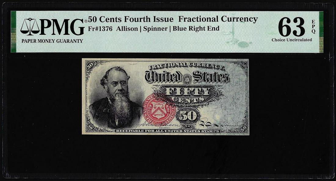 1863 Fourth Issue 50 Cents Fractional Currency Note Fr.1376 PMG Ch. Uncirculated 63EPQ: One 1863 Fourth Issue 50 Cents Fractional Currency Note Fr.1376 PMG Ch. Uncirculated 63EPQ. PMG Certified.