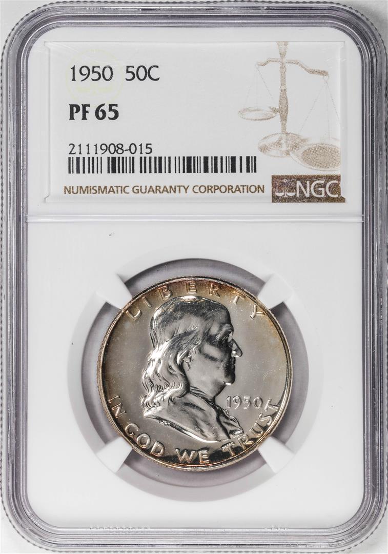 1950 Proof Franklin Half Dollar Coin NGC PF65: One 1950 Proof Franklin Half Dollar Coin NGC PF65.