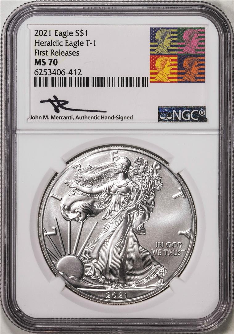 2021 Type 1 $1 American Silver Eagle Coin NGC MS70 First Releases Mercanti Signed: One 2021 Type 1 $1 American Silver Eagle Coin NGC MS70 First Releases Mercanti Signed. NGC Certified.