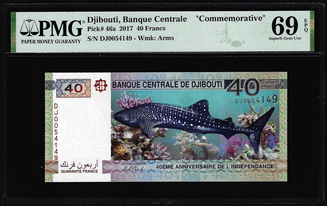 2017 Djibouti Central Bank 40 Francs Note Pick# 46a PMG Superb Gem Uncirculated 69EPQ: One 2017 Djibouti Central Bank 40 Francs Note Pick# 46a PMG Superb Gem Uncirculated 69EPQ. PMG Certified.