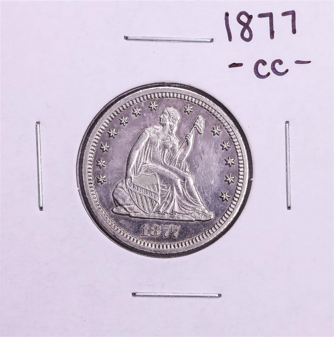 1877-CC Seated Liberty Quarter Coin: One 1877-CC Seated Liberty Quarter Coin.