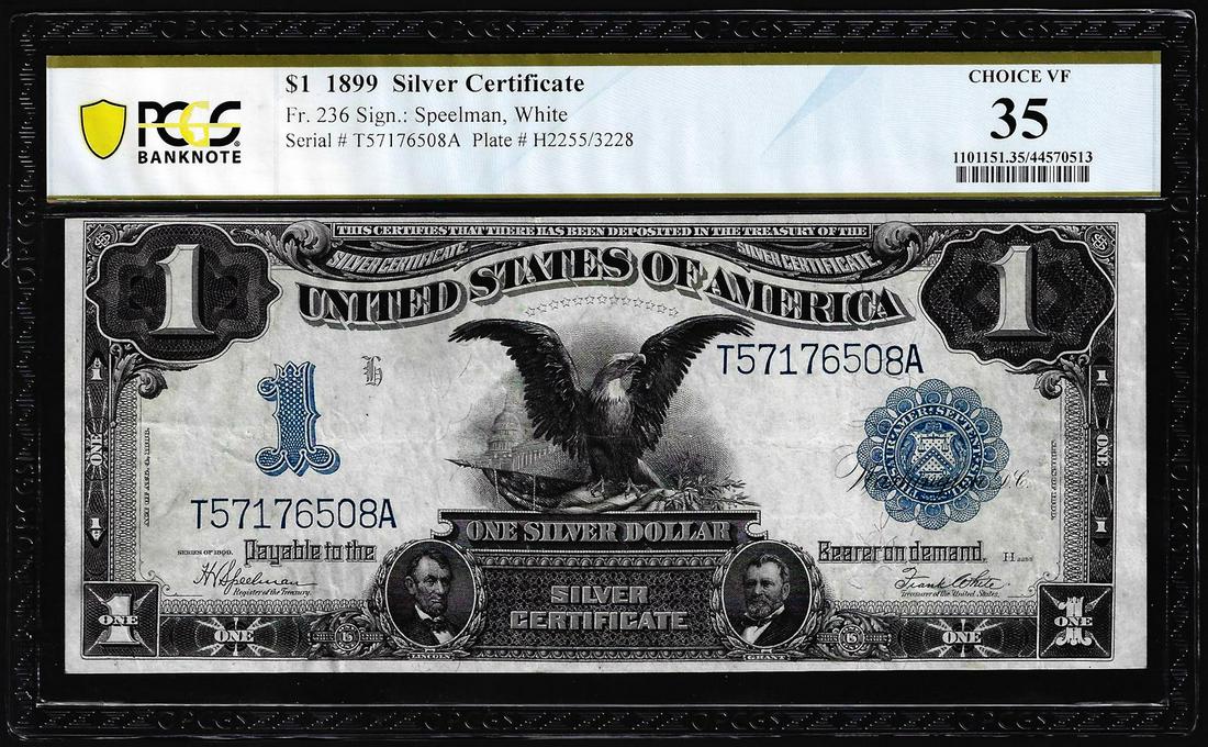 1899 $1 Black Eagle Silver Certificate Note Fr.236 PCGS Choice VF 35: One 1899 $1 Black Eagle Silver Certificate Note Fr.236 PCGS Choice VF 35. PCGS Graded.