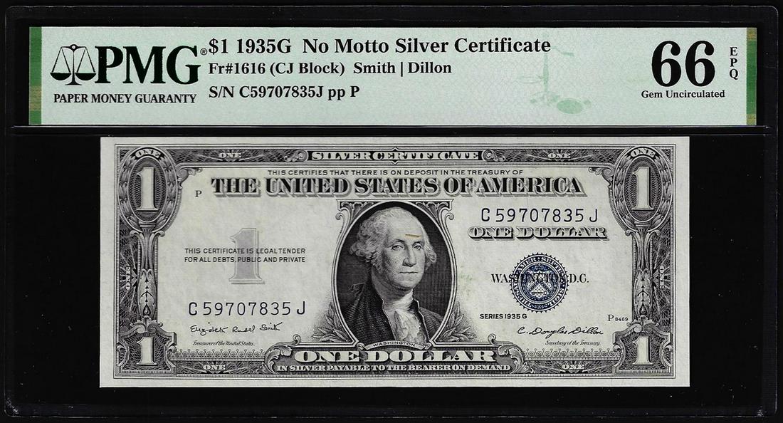 1935G No Motto $1 Silver Certificate Note Fr.1616 PMG Gem Uncirculated 66EPQ: One 1935G No Motto $1 Silver Certificate Note Fr.1616 PMG Gem Uncirculated 66EPQ. PMG Certified.