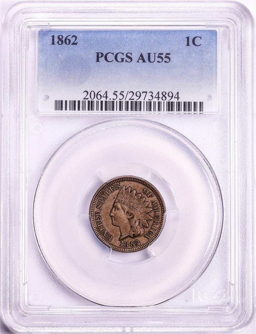 1862 Indian Head Cent Coin PCGS AU55: One 1862 Indian Head Cent Coin PCGS AU55. PCGS Graded.