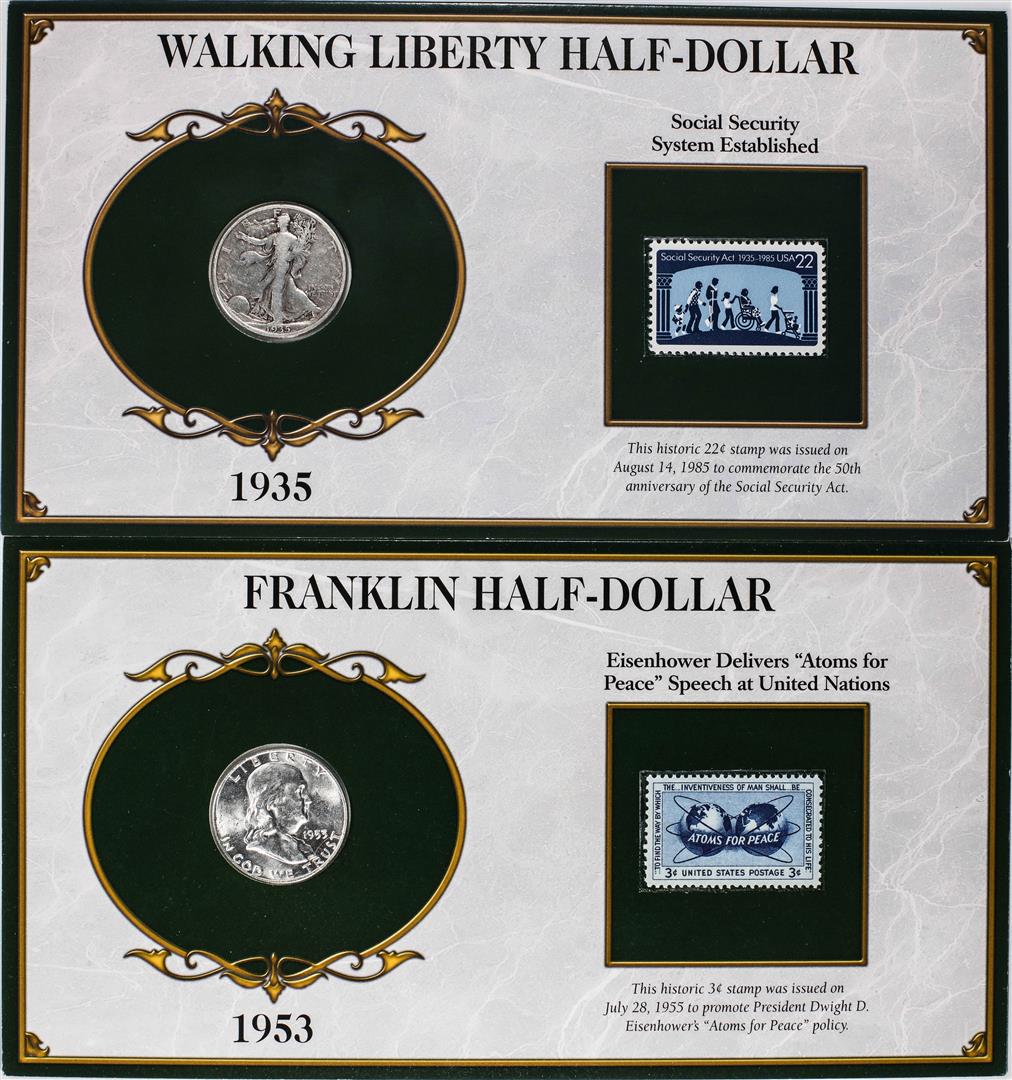 Lot of 1935-S Walking Liberty & 1953-D Franklin Half Dollar Coins and Stamp Panels: One Lot of 1935-S Walking Liberty & 1953-D Franklin Half Dollar Coins and Stamp Panels.