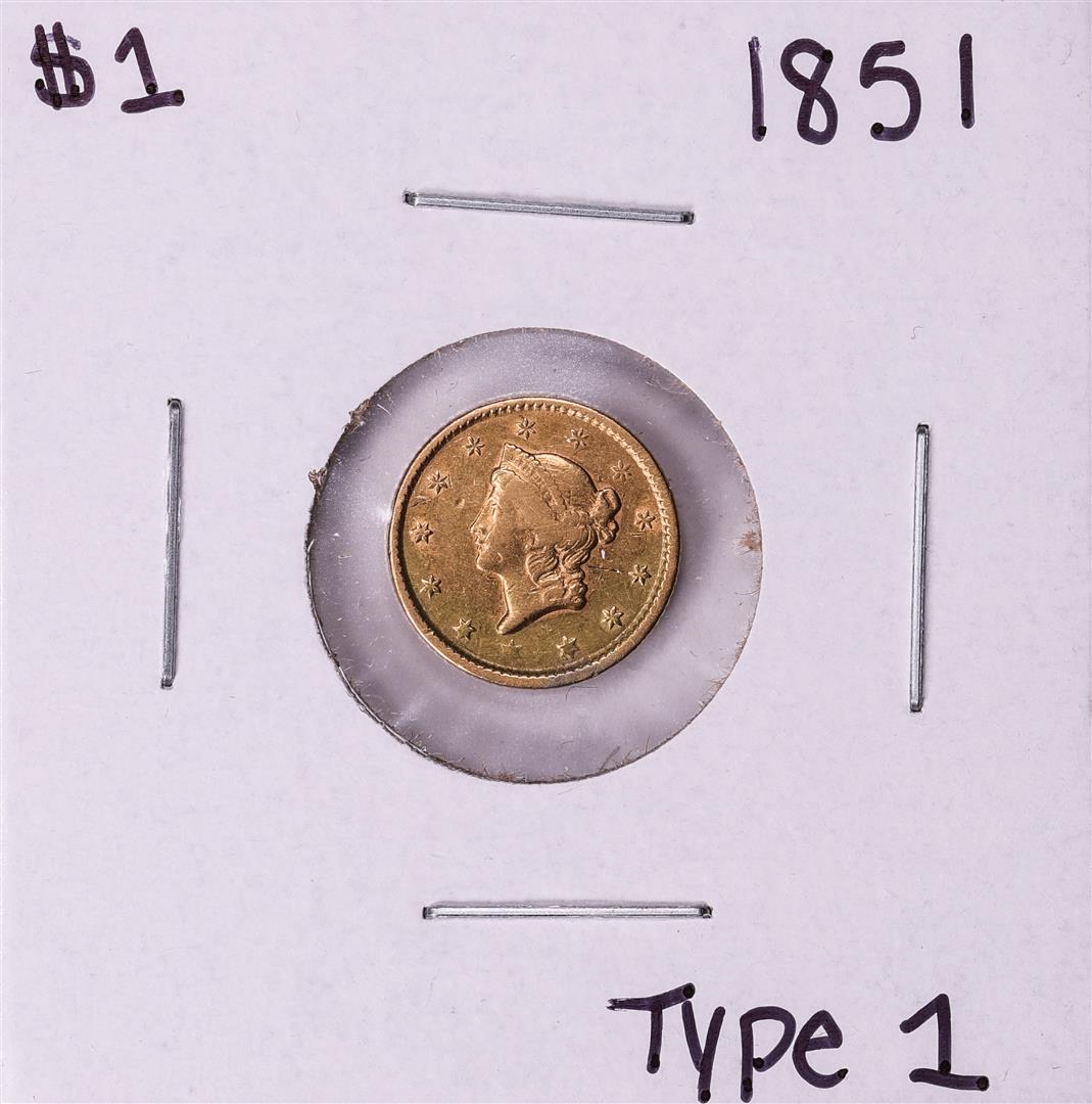 1851 Type 1 $1 Liberty Head Gold Dollar Coin: One 1851 Type 1 $1 Liberty Head Gold Dollar Coin.