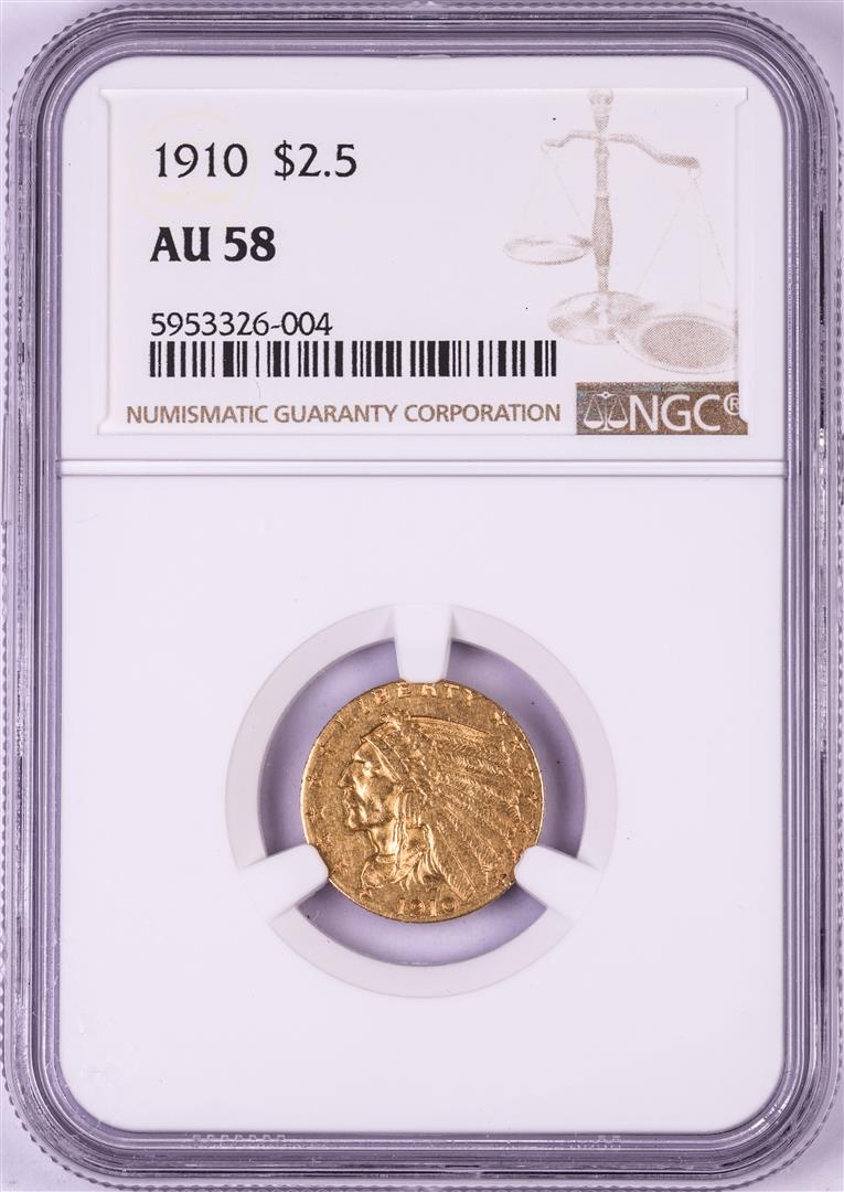 1910 $2 1/2 Indian Head Quarter Eagle Gold Coin NGC AU58: One 1910 $2 1/2 Indian Head Quarter Eagle Gold Coin NGC AU58. NGC Certified.