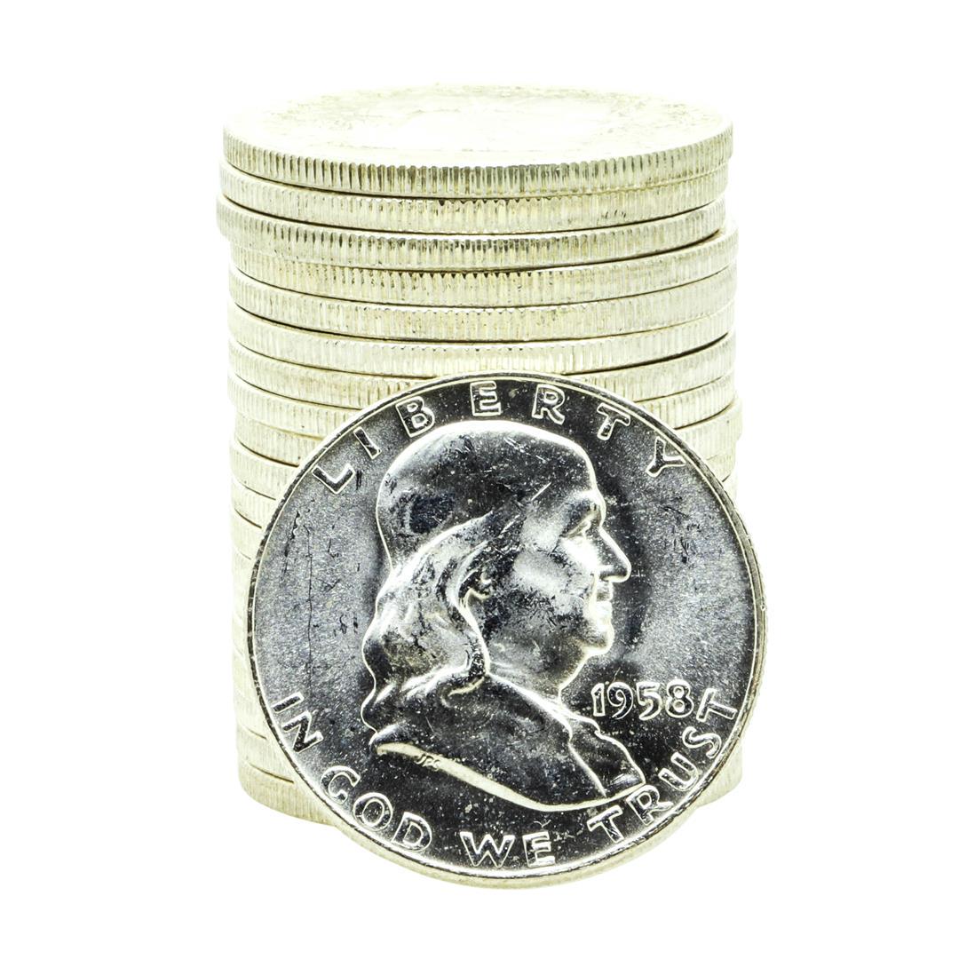 Roll of (20) Brilliant Uncirculated 1958-D Franklin Half Dollar Coins: One Roll of (20) Brilliant Uncirculated 1958-D Franklin Half Dollar Coins.