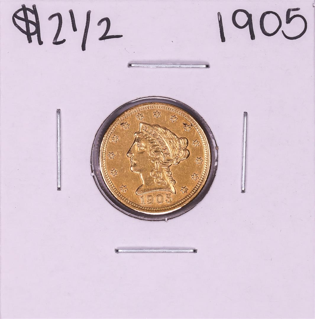1905 $2 1/2 Liberty Head Quarter Eagle Gold Coin: One 1905 $2 1/2 Liberty Head Quarter Eagle Gold Coin.