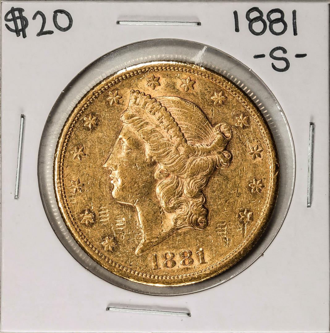 1881-S $20 Liberty Head Double Eagle Gold Coin: One 1881-S $20 Liberty Head Double Eagle Gold Coin.
