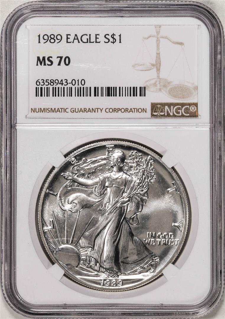 1989 $1 American Silver Eagle Coin NGC MS70: One 1989 $1 American Silver Eagle Coin NGC MS70. NGC Certified.