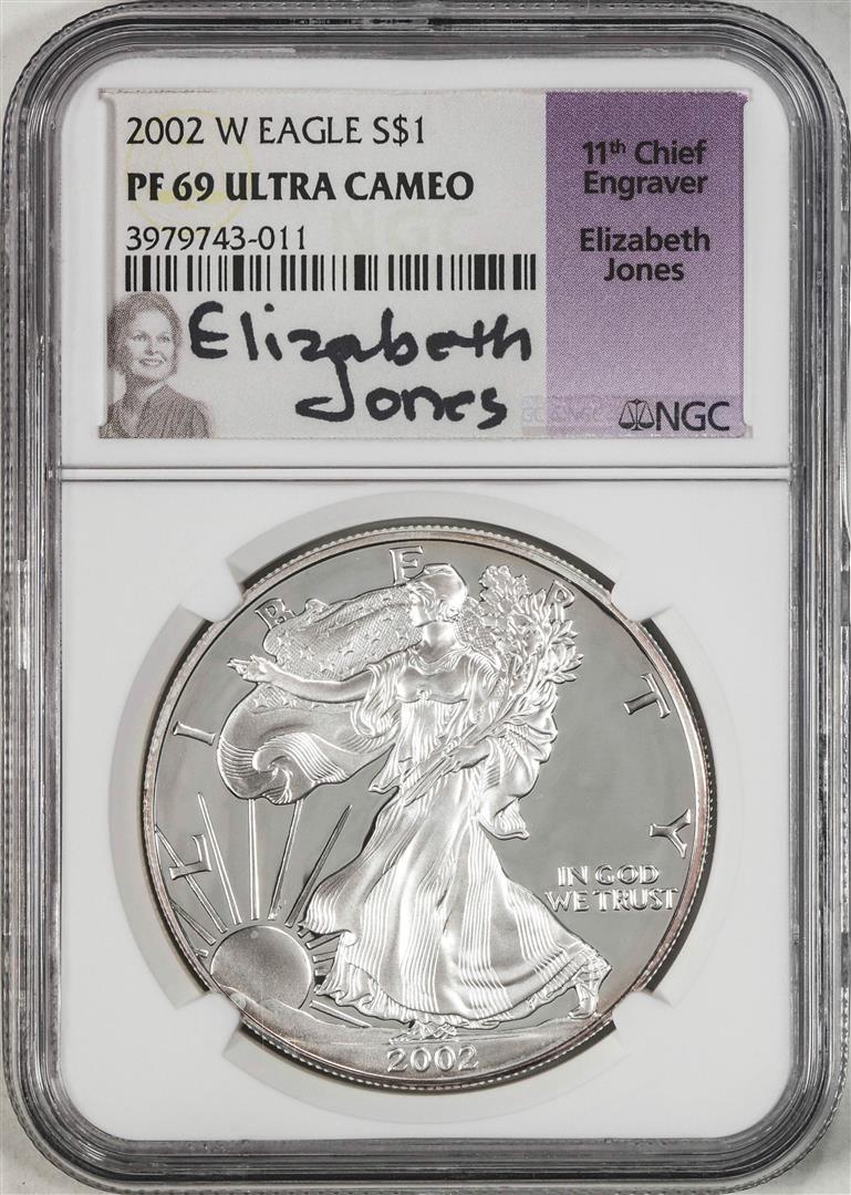 2002-W $1 Proof American Silver Eagle Coin NGC PF69 Ultra Cameo E. Jones Signature: One 2002-W $1 Proof American Silver Eagle Coin NGC PF69 Ultra Cameo Elizabeth Jones Signature. NGC Certified.