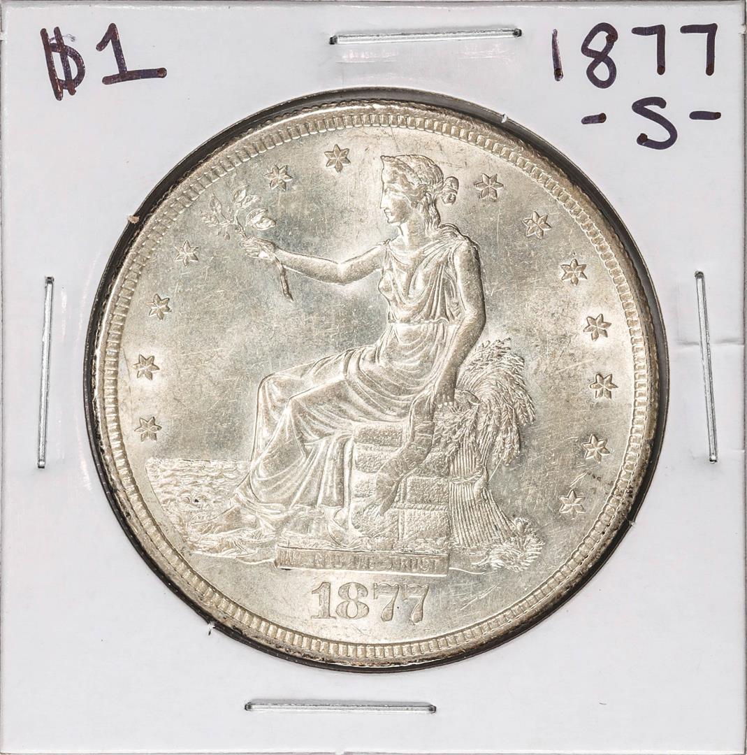 1877-S $1 Trade Silver Dollar Coin: One 1877-S $1 Trade Silver Dollar Coin.