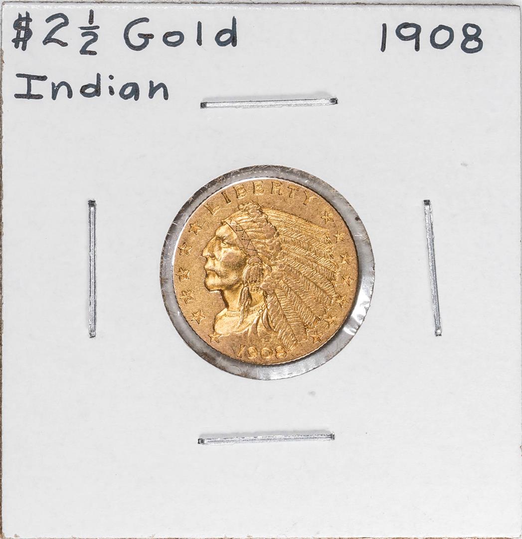 1908 $2 1/2 Indian Head Quarter Eagle Gold Coin: One 1908 $2 1/2 Indian Head Quarter Eagle Gold Coin.