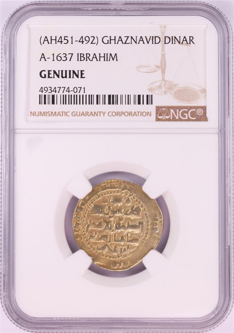 AH451-492 Ghaznavid Dinar A-1637 Ibrahim Gold Coin NGC Genuine: One AH451-492 Ghaznavid Dinar A-1637 Ibrahim Gold Coin NGC Genuine. NGC Certified.