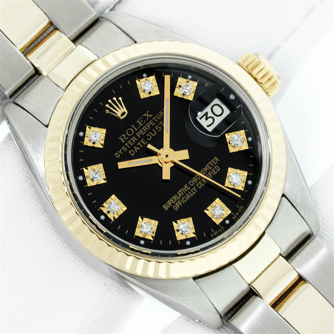 Rolex Ladies Two Tone Black Diamond 26MM Datejust Wristwatch With Rolex Box: One Ladies Two Tone Rolex Datejust Polished, Serviced & Electronically Tested, Yellow Gold & Stainless Steel Case: 26mm, Yellow Gold Crown, Bezel: Yellow Gold Fluted Bezel. Custom Crystal: New Acrylic