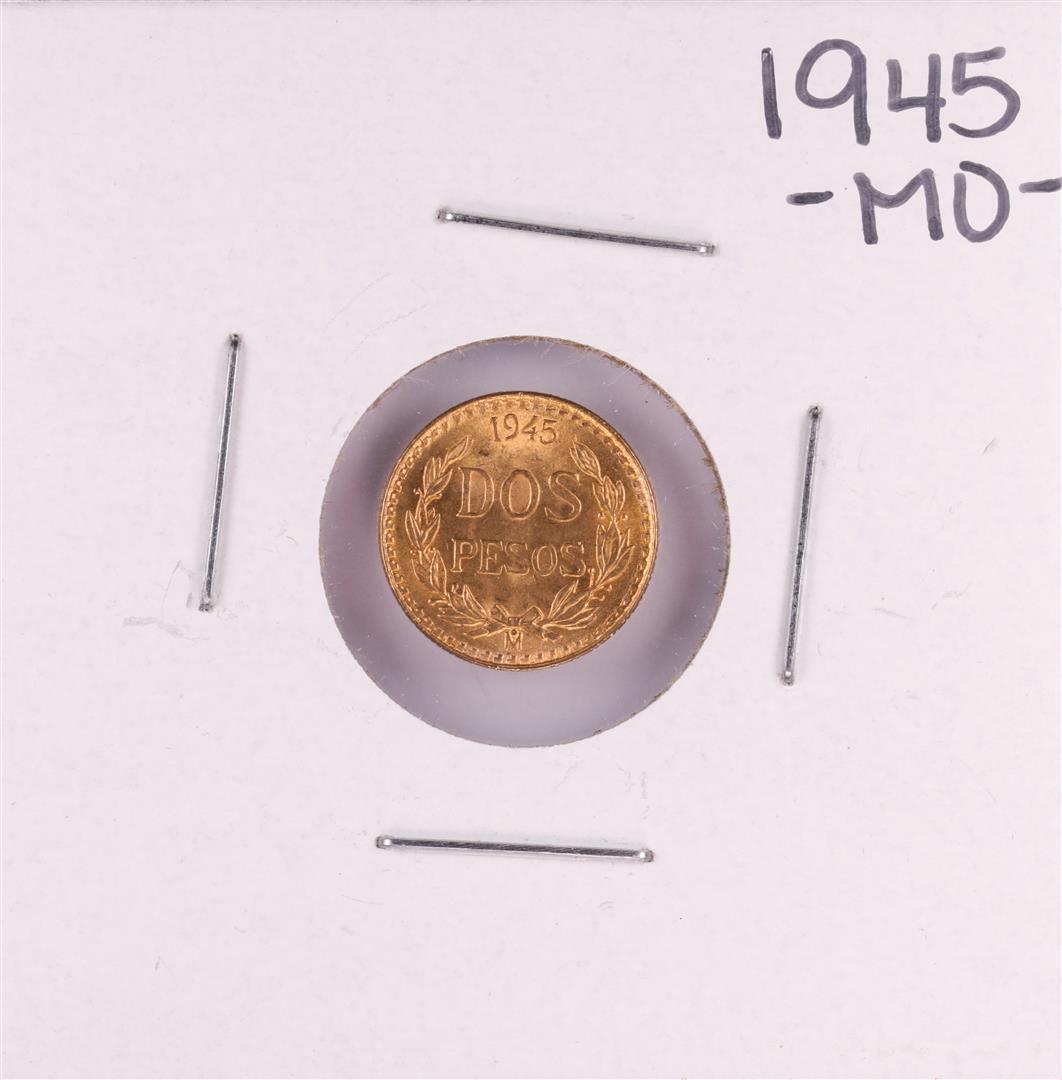 1945 Mexico Dos Pesos Gold Coin: One 1945 Mexico Dos Pesos Gold Coin.
