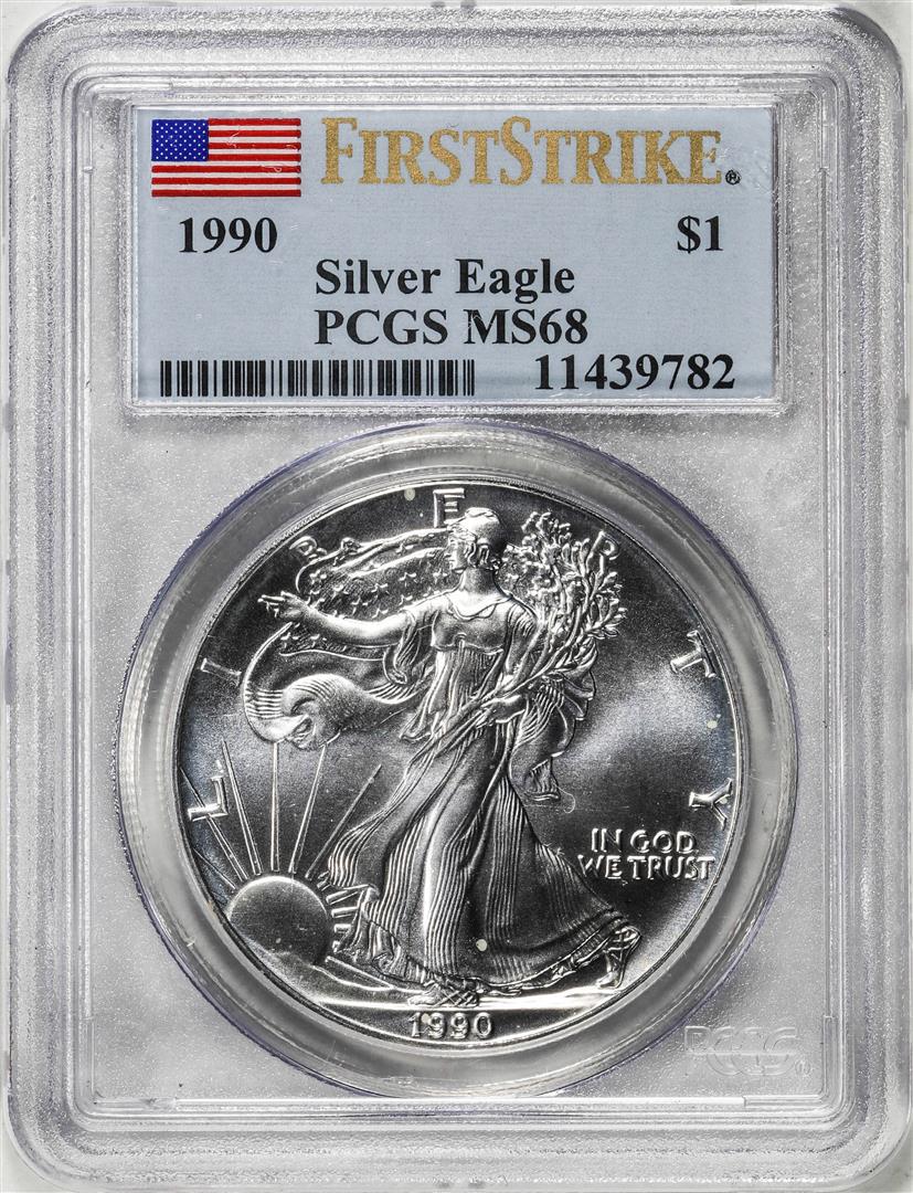 1990 $1 American Silver Eagle Coin PCGS MS68 First Strike: One 1990 $1 American Silver Eagle Coin PCGS MS68 First Strike. PCGS Graded.