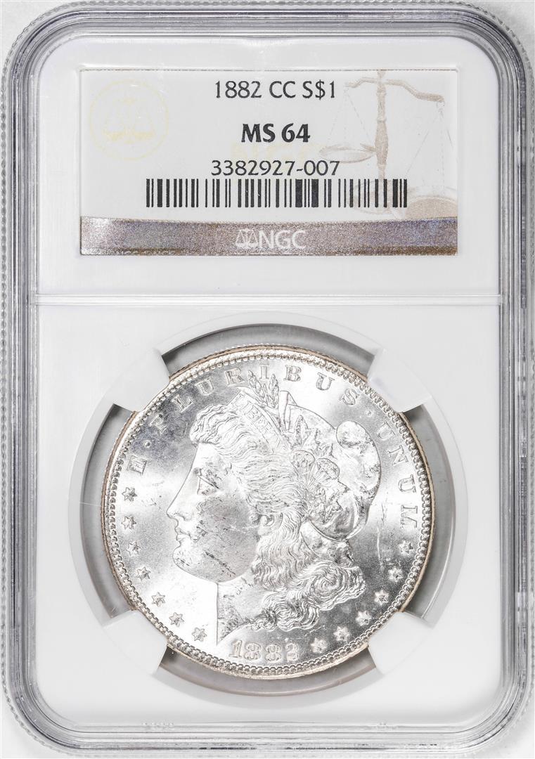 1882-CC $1 Morgan Silver Dollar Coin NGC MS64: One 1882-CC $1 Morgan Silver Dollar Coin NGC MS64. NGC Certified.
