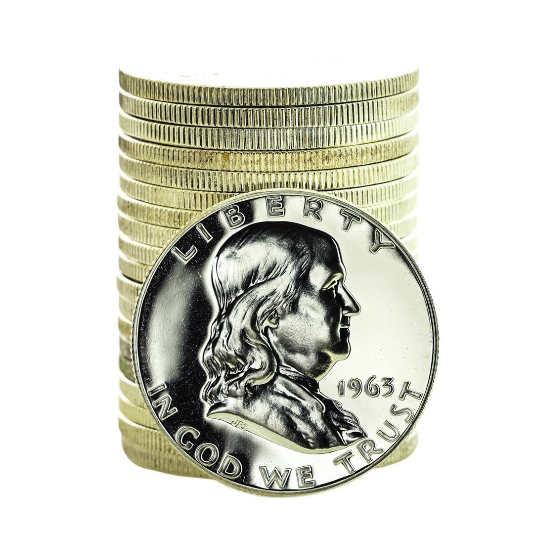 Roll of (20) Proof 1963 Franklin Half Dollar Coins: One Roll of (20) Proof 1963 Franklin Half Dollar Coins.