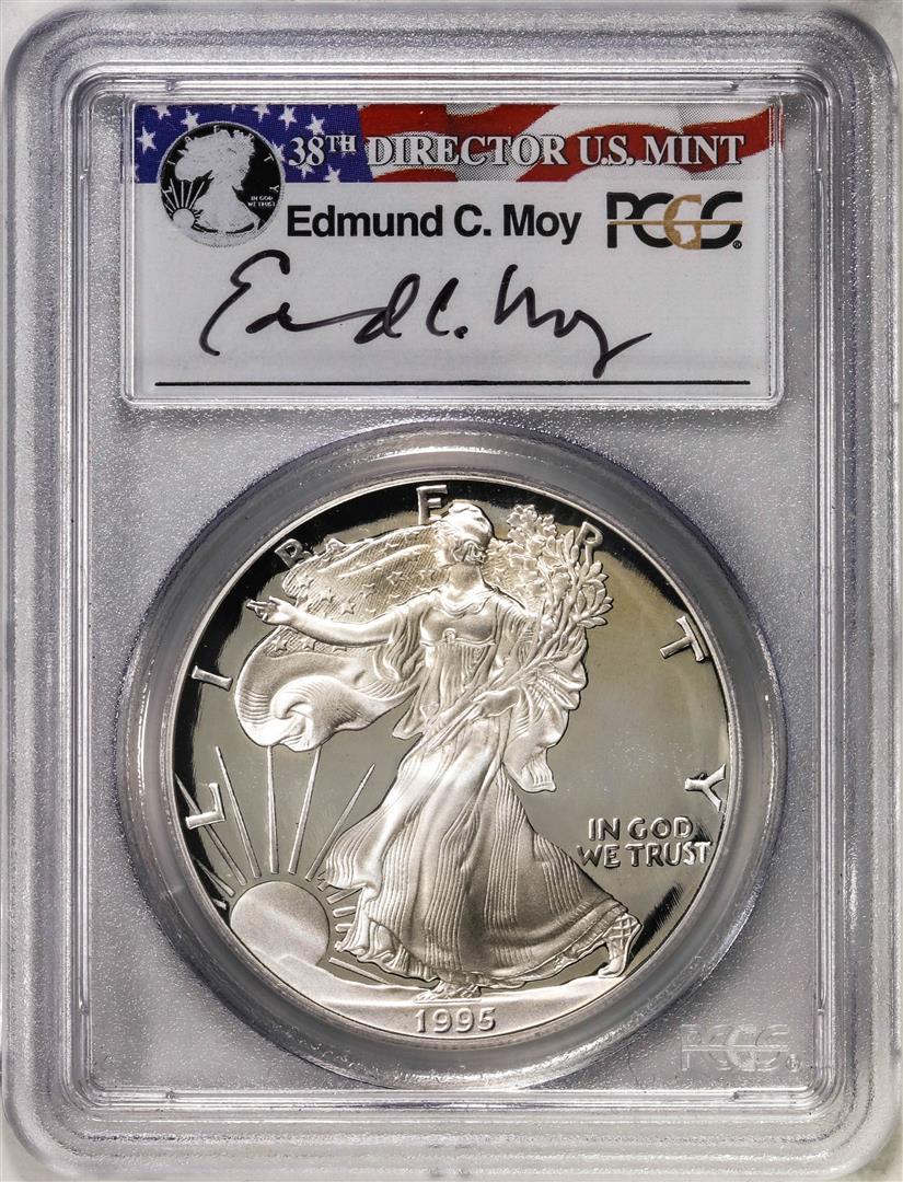 1995-W $1 Proof American Silver Eagle Coin PCGS PR69DCAM Edmund Moy Signature: One 1995-W $1 Proof American Silver Eagle Coin PCGS PR69DCAM Edmund Moy Signature. PCGS Graded.