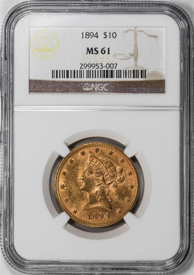 1894 $10 Liberty Head Eagle Gold Coin NGC MS61: One 1894 $10 Liberty Head Eagle Gold Coin NGC MS61. NGC Certified.