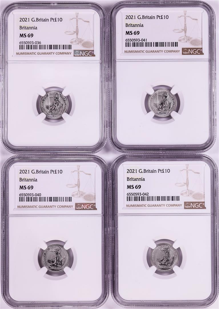 Lot of (4) 2021 Great Britain 10 Pounds Britannia 1/10oz Platinum Coins NGC MS69: One Lot of (4) 2021 Great Britain 10 Pounds Britannia 1/10oz Platinum Coins NGC MS69. NGC Certified.