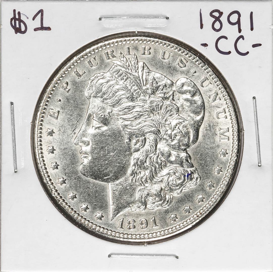 1891-CC $1 Morgan Silver Dollar Coin: One 1891-CC $1 Morgan Silver Dollar Coin.