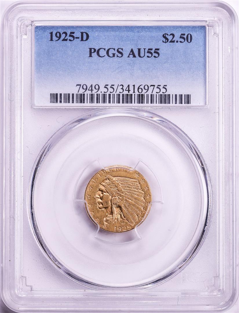 1925-D $2 1/2 Indian Head Quarter Eagle Gold Coin PCGS AU55: One 1925-D $2 1/2 Indian Head Quarter Eagle Gold Coin PCGS AU55. PCGS Graded.