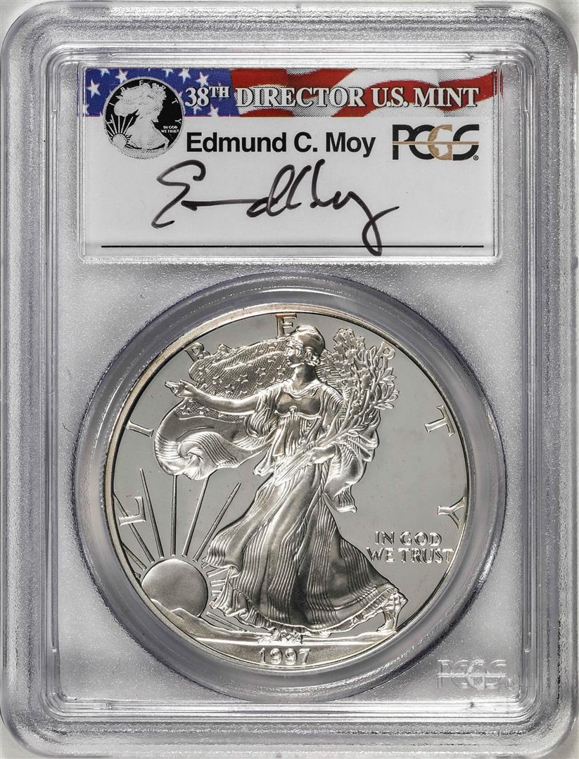 1997-P $1 Proof American Silver Eagle Coin PCGS PR69DCAM Edmund Moy Signature: One 1997-P $1 Proof American Silver Eagle Coin PCGS PR69DCAM Edmund Moy Signature. PCGS Graded.