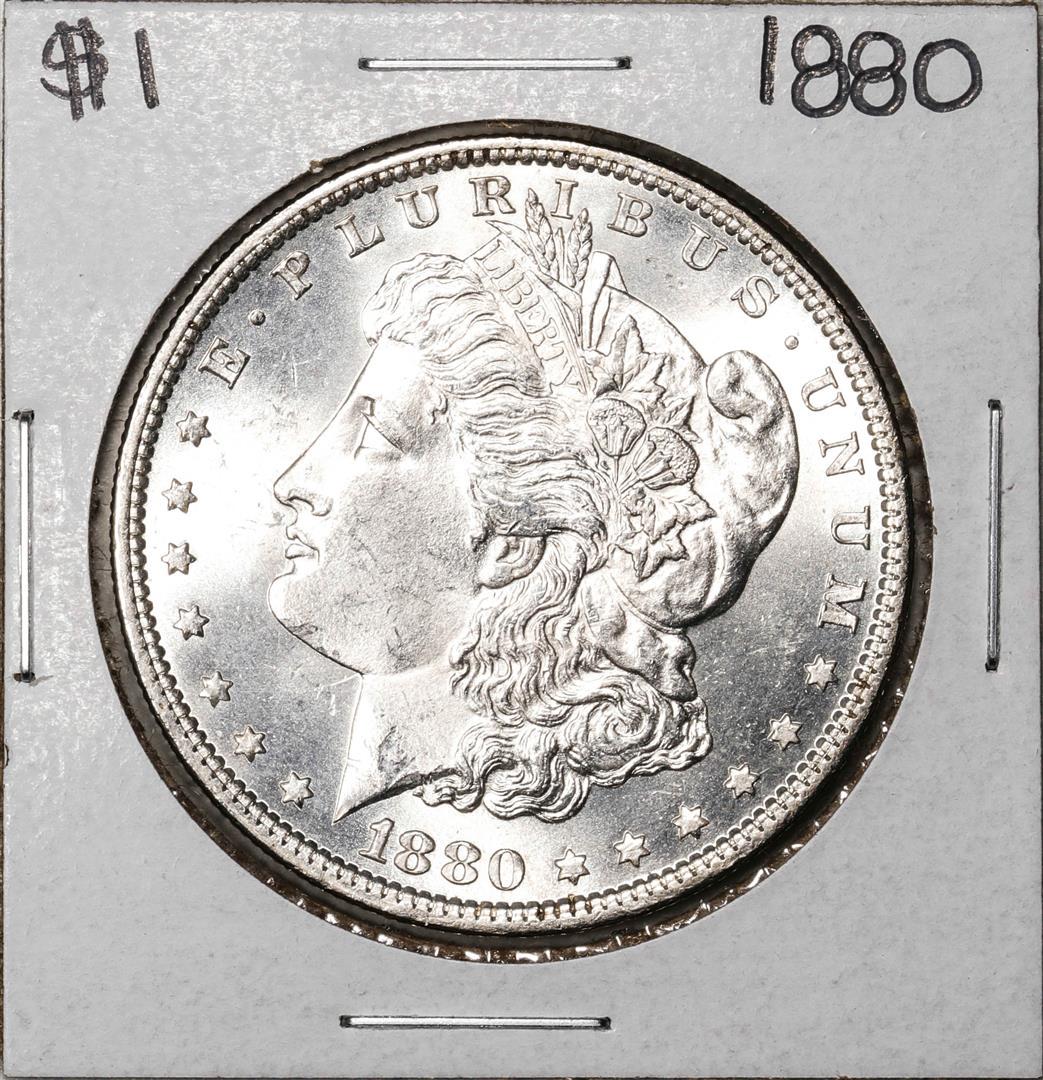 1880 $1 Morgan Silver Dollar Coin: One 1880 $1 Morgan Silver Dollar Coin.