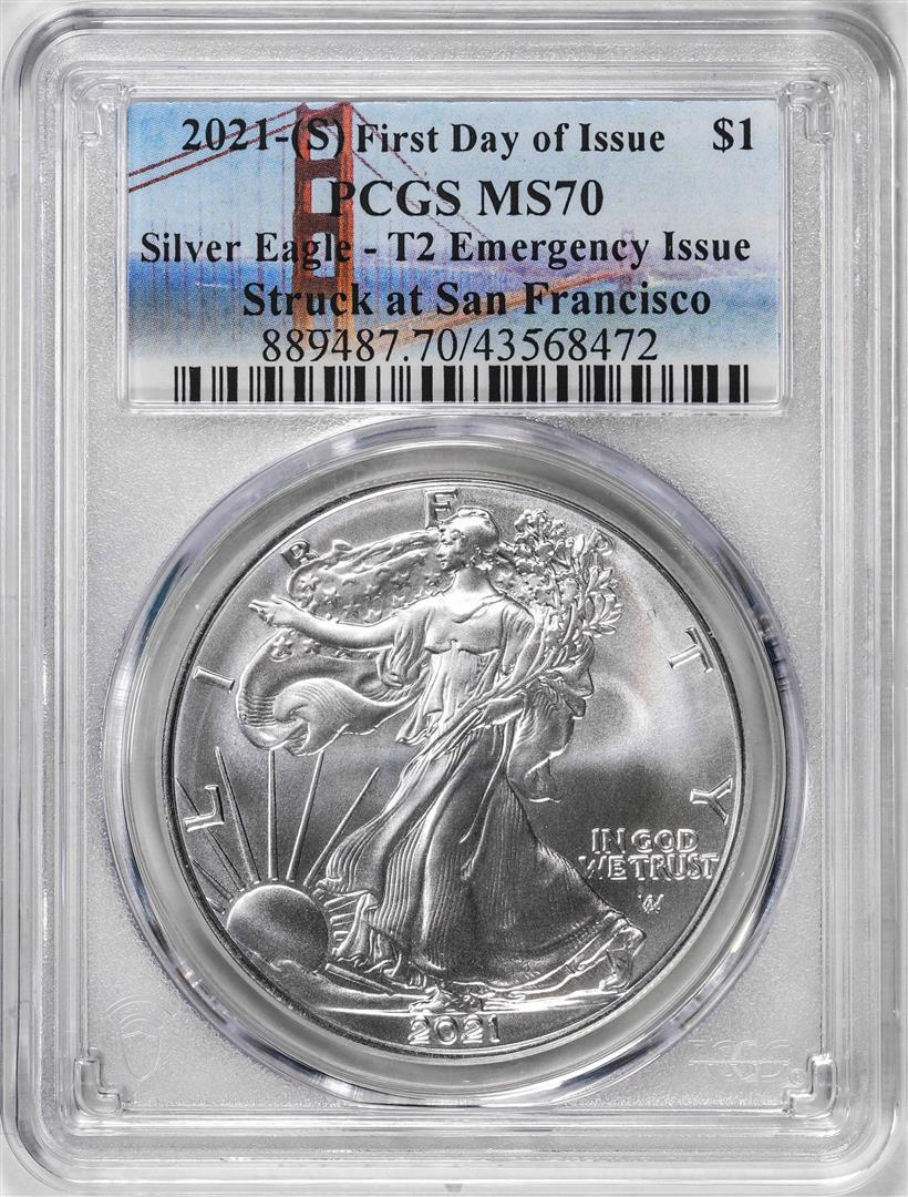 2021-(S) Type 2 $1 American Silver Eagle Coin PCGS MS70 First Day of Issue Emergency: One 2021-(S) Type 2 $1 American Silver Eagle Coin PCGS MS70 First Day of Issue Emergency. PCGS Graded.