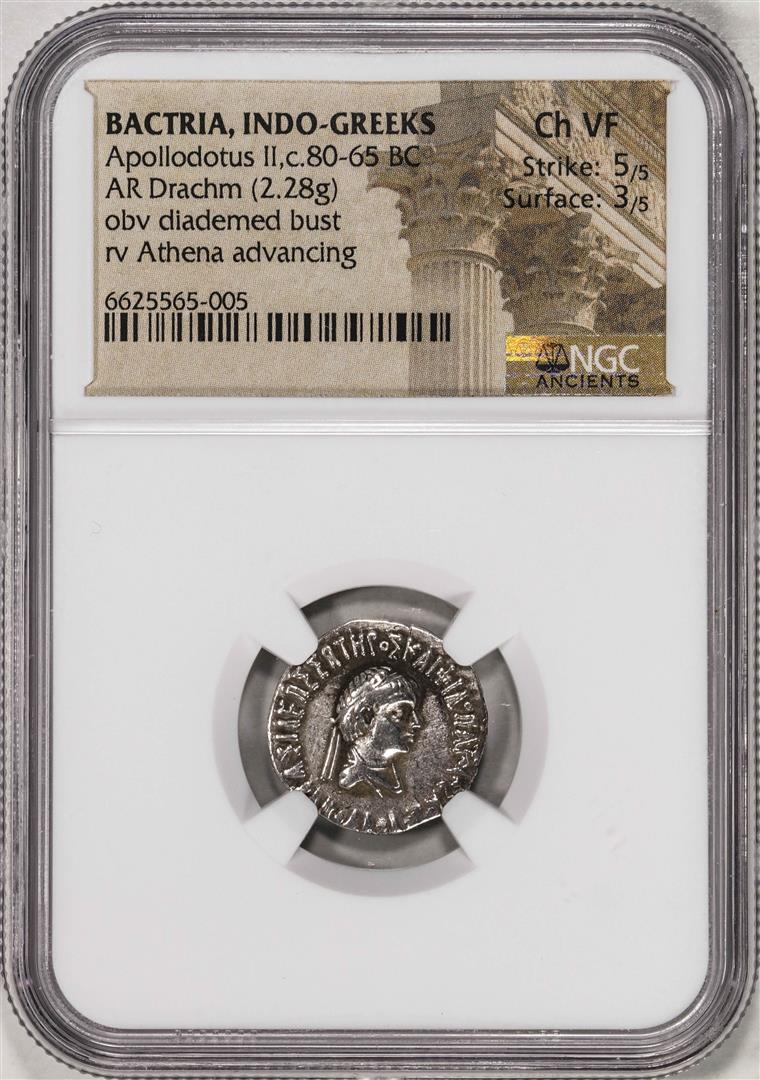 80-65 BC Bactria, Indo-Greeks Apollodotus II AR Drachm Ancient Coin NGC Ch VF: One 80-65 BC Bactria, Indo-Greeks Apollodotus II AR Drachm Ancient Coin NGC Ch VF. Diademed, draped bust of Apollodotus II right / Maharajasa tratarasa Apaladatasa (Kharosthi), Athena advancing left, 